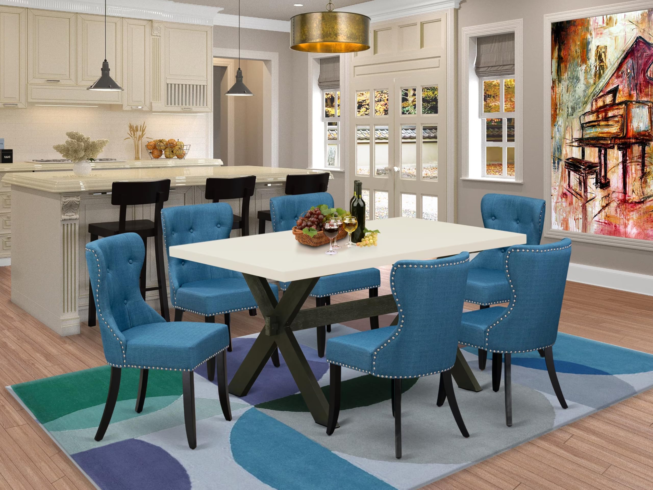 East West Furniture X626Si121-7 7 Piece Kitchen Table & Chairs Set Consist Of A Rectangle Dining Room Table With X-Legs And 6 Blue Linen Fabric Upholstered Chairs, 36X60 Inch, Multi-Color